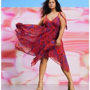Alexis x Target Tropical Leaf Tie Shoulder Red Blue Handkerchief Midi Dress XS